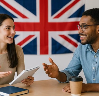Hombre y mujer sentados en una mesa practicando su inglés básico