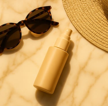 SPF bottle with sunglasses and sun hat on marble.