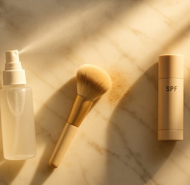 Mist spray, powder brush, and SPF stick in sunlight.