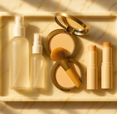 Assorted SPF sprays, powders, and sticks on marble tray.