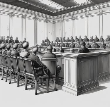 Bright courtroom filled with jurors and a judge