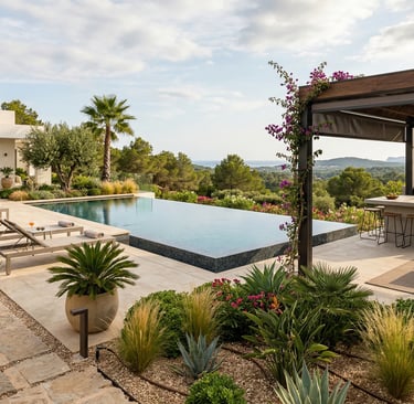 Luxury backyard patio with an infinity pool, outdoor kitchen, and scenic landscape view.