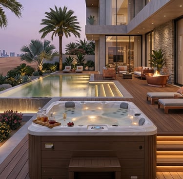 Luxury modern villa patio featuring a hot tub, infinity pool, and desert skyline views at sunset.