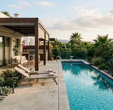 Luxury modern villa with a long swimming pool, wooden pergola patio, and tropical garden landscaping.