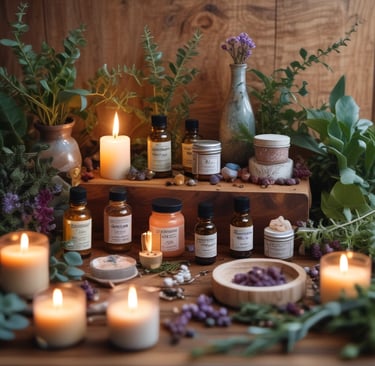una mesa con velas y aceites esenciales