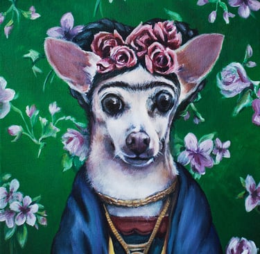 Painting of a chihuahua dressed like Frida Kahlo by New Orleans artist Melissa Vandiver.