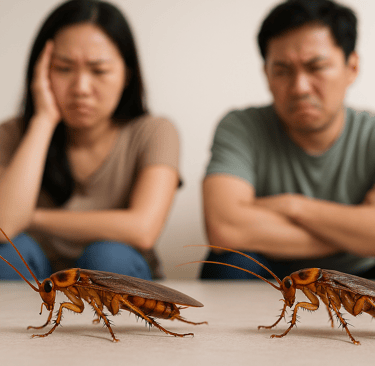 Family angry about a roach infestation calling Treat Pest Control Service to take care of the problem