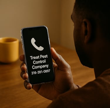 Man holding cell phone calling Treat Pest Control Company today