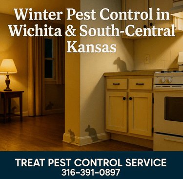 Treat Pest Control technician sealing entry points in a Wichita home to prevent winter rodents.