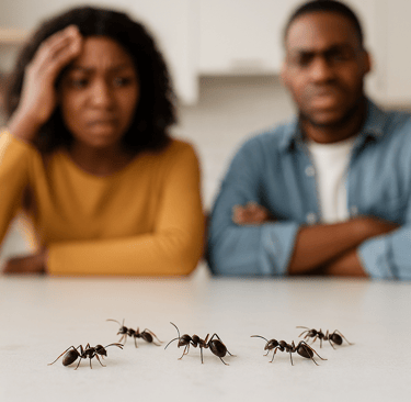 Husband wife looking distressed by the ants on their counter so they call Treat Pest Control Services