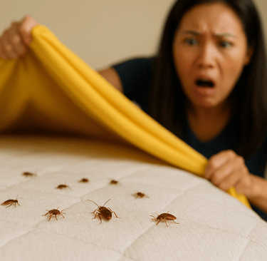 woman shocked to see bed bugs