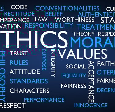 a blue and white word cloud with the words ethics and moral values