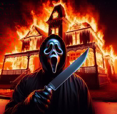 Imagem da casa de Stu Macher em chamas com um Ghostface empunhando uma faca em primeiro plano, estét