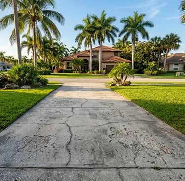 weathered residential concrete driveway in a sunny Florida suburban neighborhood, showing visible cracks