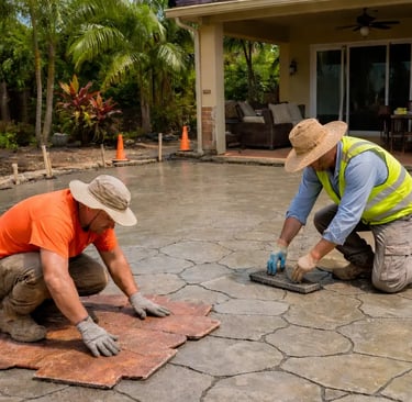 concrete workers with safety gloves and boots as they work on a stamped concrete patio in Plantation, Florida