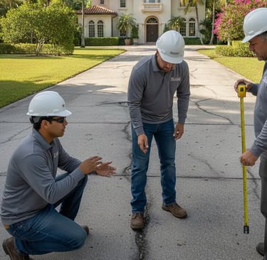 Concrete workers carefully assessing the concrete cracks for repair
