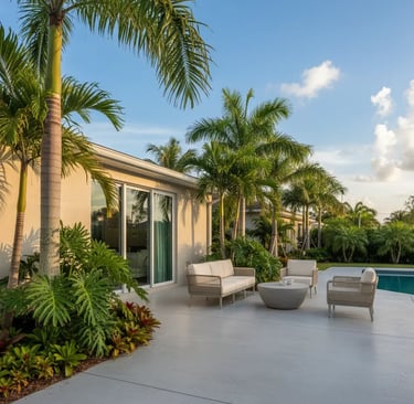A concrete patio with modern outdoor furniture and a pool in Plantation, FL