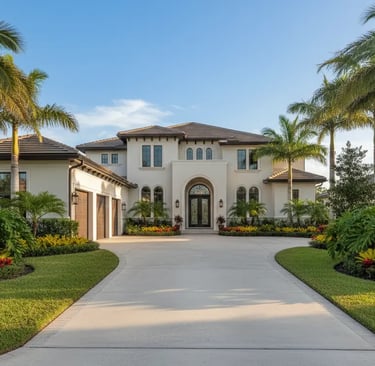 a house with wide concrete driveway