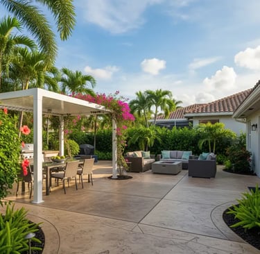 a nice concrete patio with outdoor chairs and tables