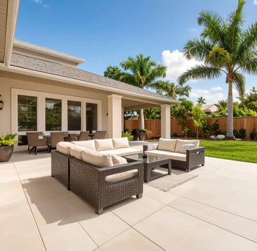 a concrete patio with couch, tables and green landscape