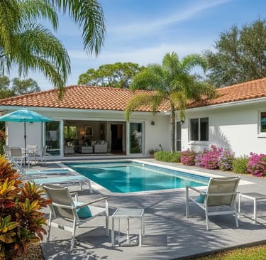 a residential pool with a concrete deck, outdoor chairs and blue umberella