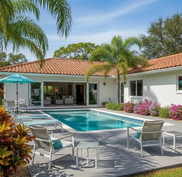 a residential pool with a concrete deck, outdoor chairs and blue umberella