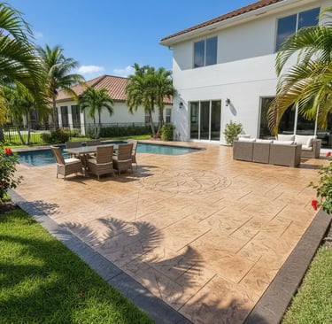 stamped decorative concrete patio in broad daylight backyard of a home in Plantation, FL