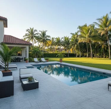 A clean stamped concrete patio and pool deck in Plantation, Florida