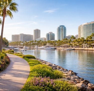 Waterfront with palm trees, harbor views, and hotels near the marina, family-friendly area to stay in Long Beach, California
