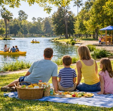Family sitting on a picnic blanket by a lake at El Dorado Park in Long Beach with paddle boats and trees in the background