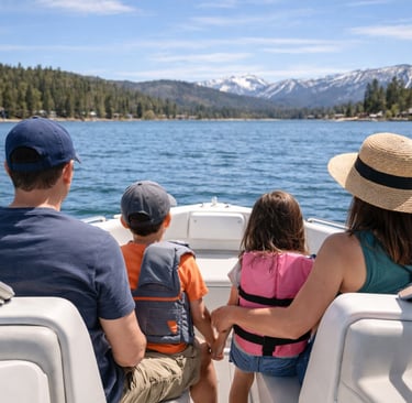Family on a boat in Big Bear Lake during spring, pine trees and mountains in the distance