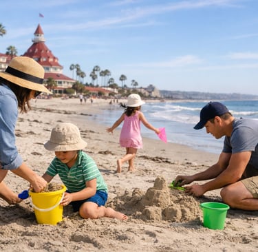 Family playing on a San Diego beach in spring, building sandcastles near the ocean
