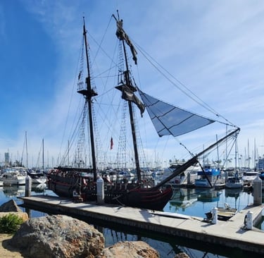 Historic tall ship docked at Shoreline Village marina in Long Beach, California