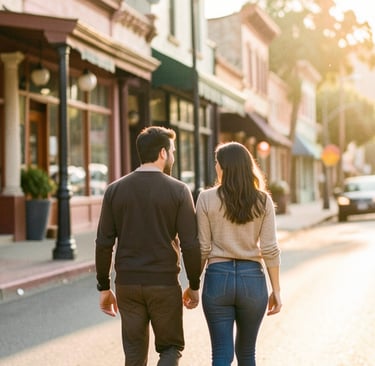 Couple holding hands while walking through downtown Ojai at sunset, California