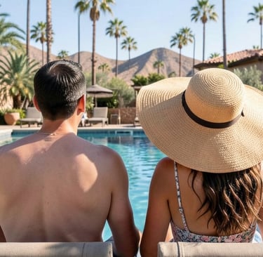 Couple relaxing poolside at a Palm Springs resort with palm trees and mountain views
