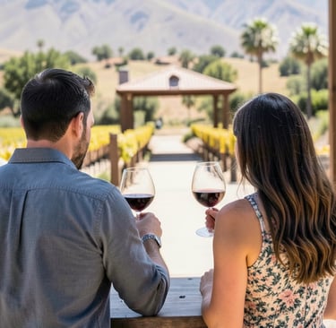 Couple enjoying red wine at a Temecula Valley winery, overlooking vineyard rows and rolling hills on a sunny afternoon.