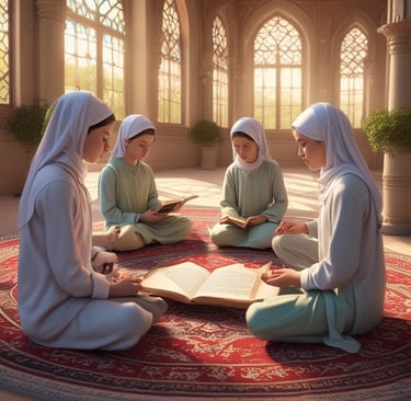 Children participating in a virtual Quran lesson, smiling and learning.