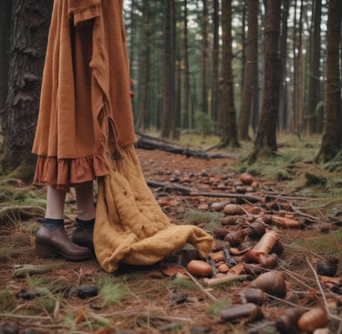 A serene landscape featuring a model wearing sustainable clothing in nature.