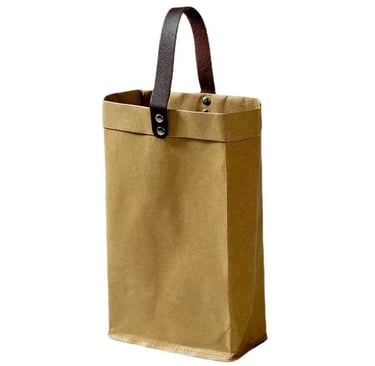 a brown washable paper bag with a brown leather handle