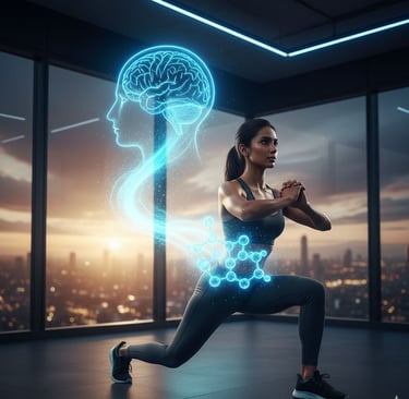 कसरत करते व्यक्ति के शरीर में Lac-Phe अणु बनने की प्रक्रिया को दर्शाता वैज्ञानिक चित्र।