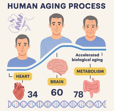Human aging process shows body turning points at 34, 60, 78 with accelerated biological changes.