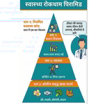 Prevention pyramid showing 4 levels - bottom choline-rich foods with icons, second exercise figure.