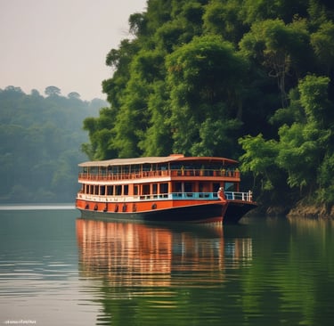 The Jamuna River with lush greenery and a luxury cruise ship.