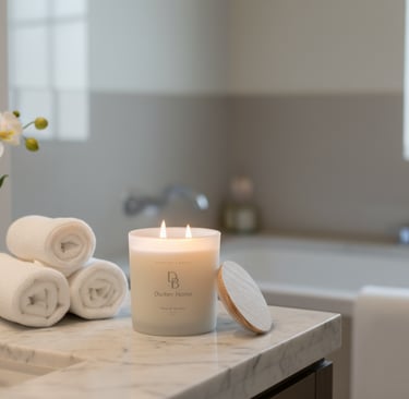 Luxury white scented candle with two wicks on a marble bathroom vanity next to rolled towels and white orchids.