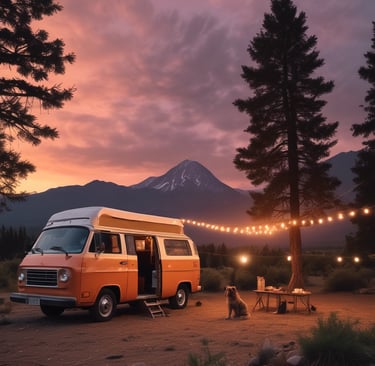 a van parked in a field with a dog