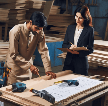Akshay Ply's employee who is an interior designer is supervising the carpenters work