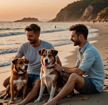 Two young men with the dogs on the beach
