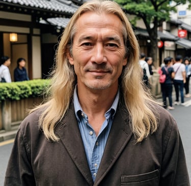 a handsome middle aged man with long blond hair