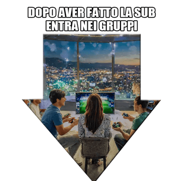 gruppo di persone felici che giocano a ea sports fc con freccia che indica in basso