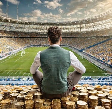 uomo seduto su delle monete che guarda una partita di calcio